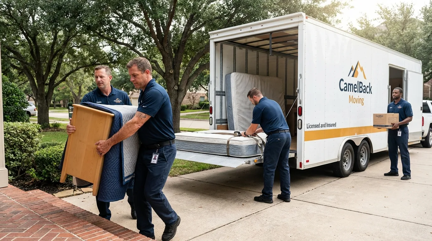 Crew loading residential truck for cross-state move from Medina, TX