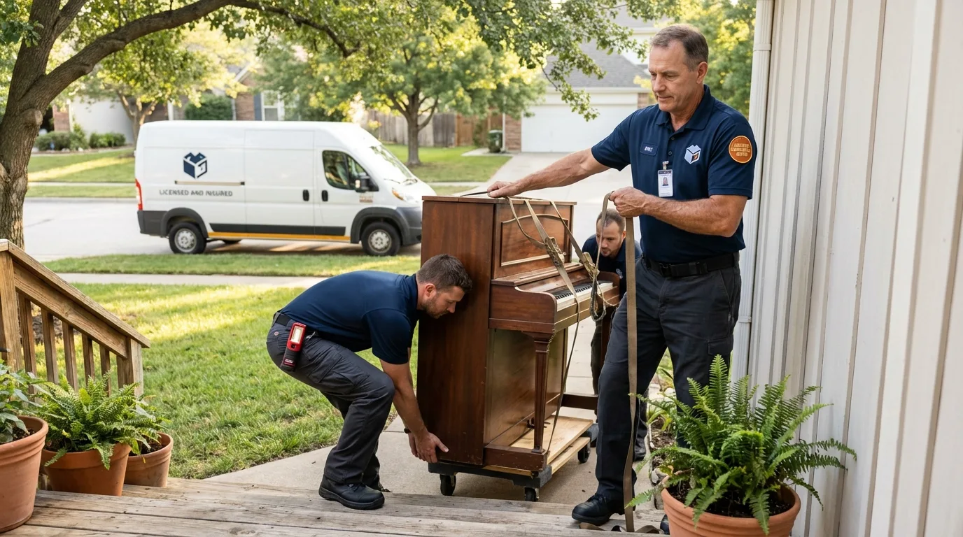 Licensed piano movers securing grand piano in Medina, TX