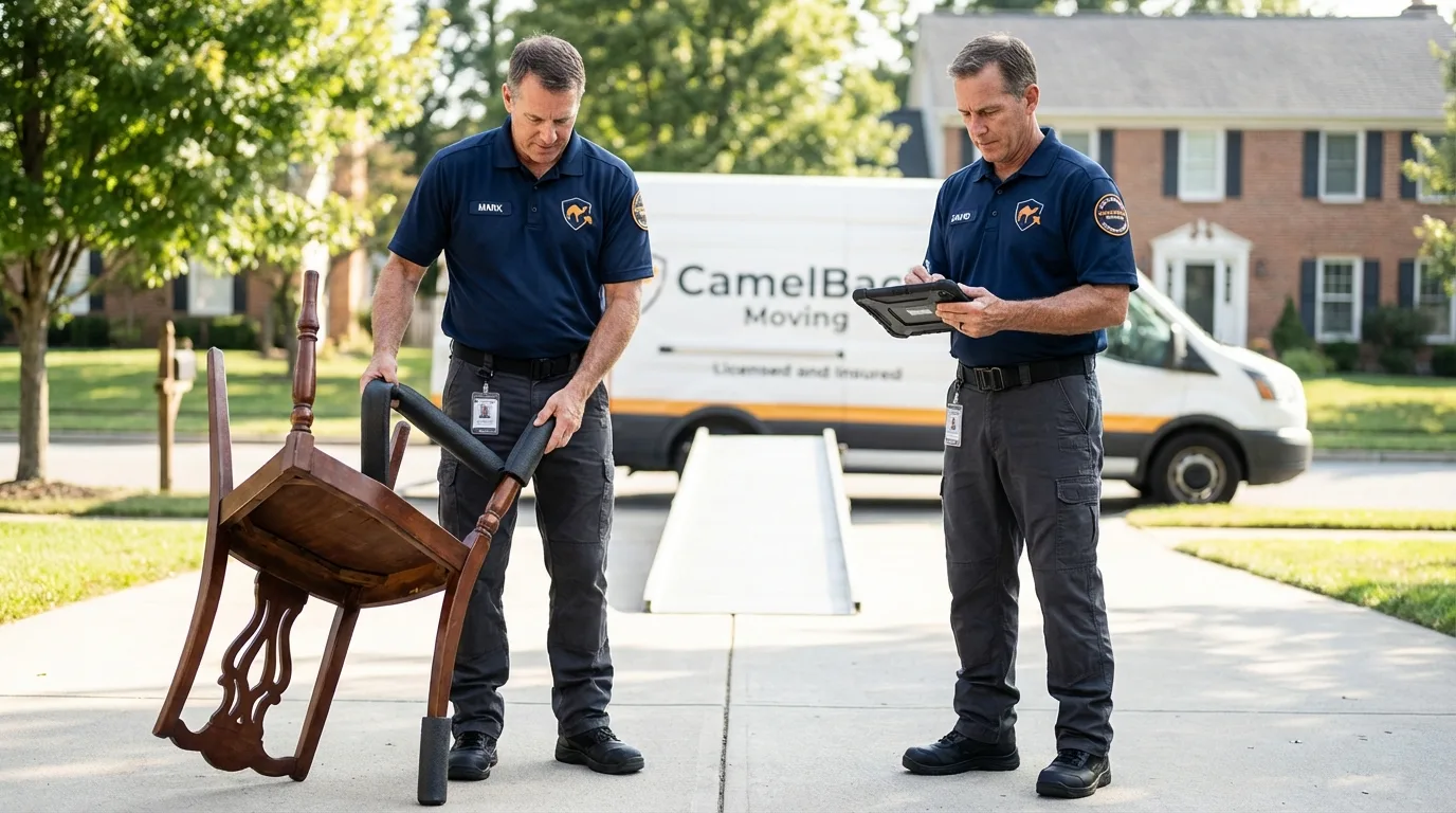 Movers inspecting furniture for damage prevention before loading in Medina, TX