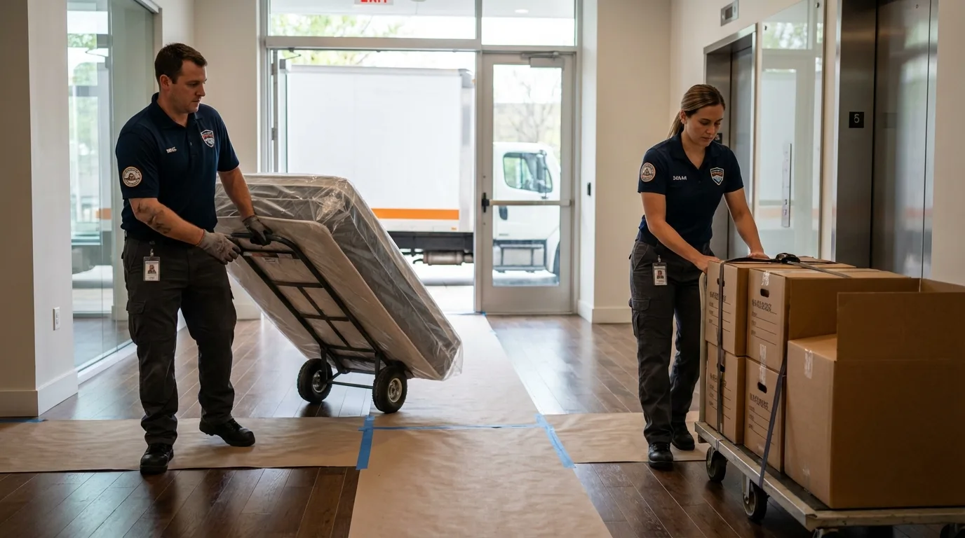 Professional apartment movers loading elevator in Medina, TX